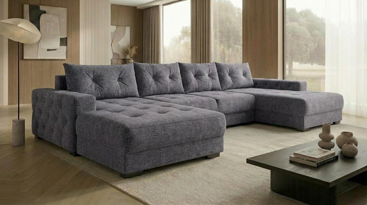 ECKSOFA MODENA 320 cm x 185 cm – Stoff: SAWANA Pfeffer 5 Farbe: Dunkelgrau - Dunkelgrau, Textil (320/185cm) - A&J MöbelLand