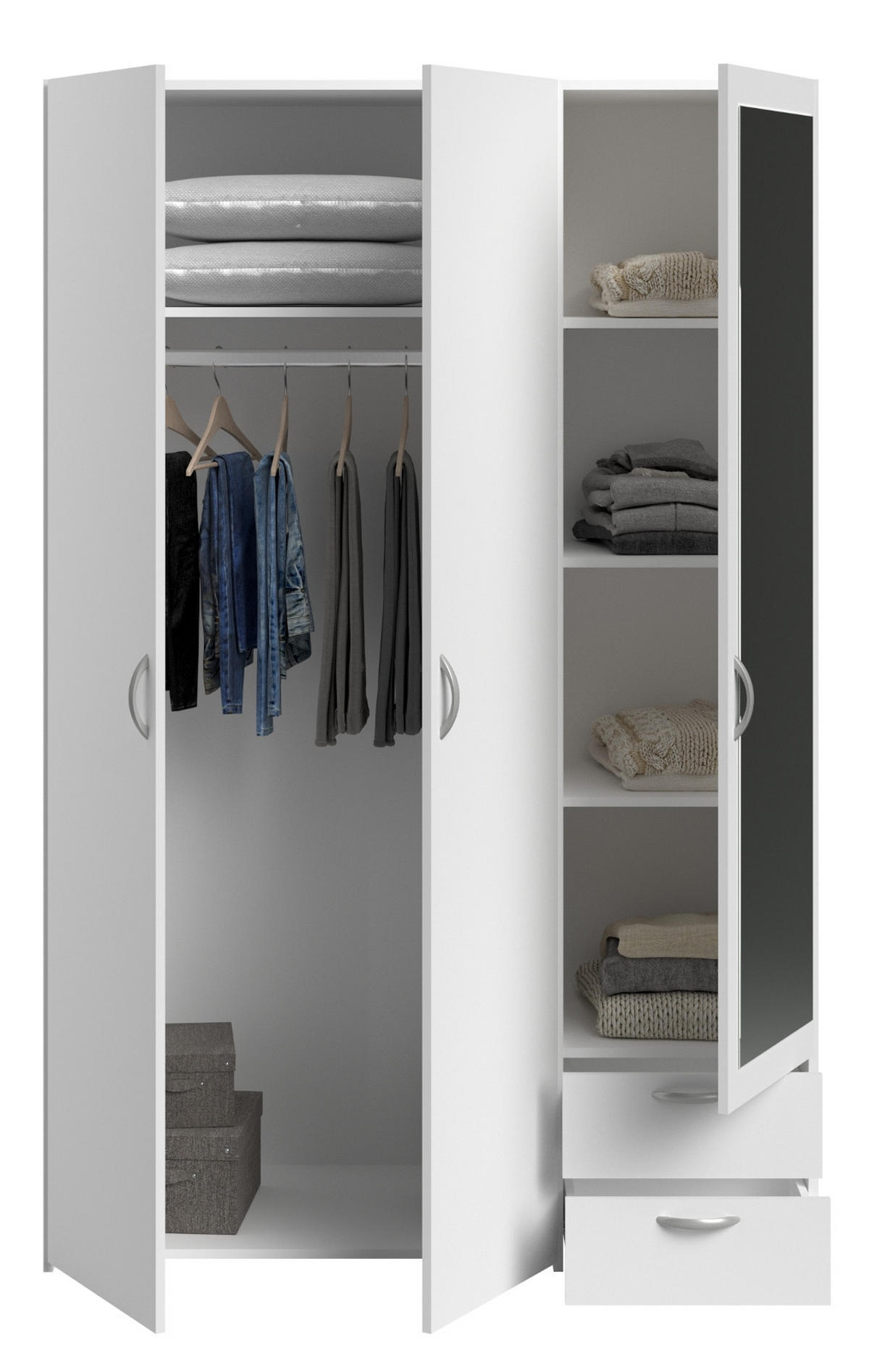 KLEIDERSCHRANK mit Spiegel weiß 120 cm 3-türig Drehtürenschrank - Silberfarben/Weiß, Glas/Holzwerkstoff (120/185/51cm) - Furn.Design