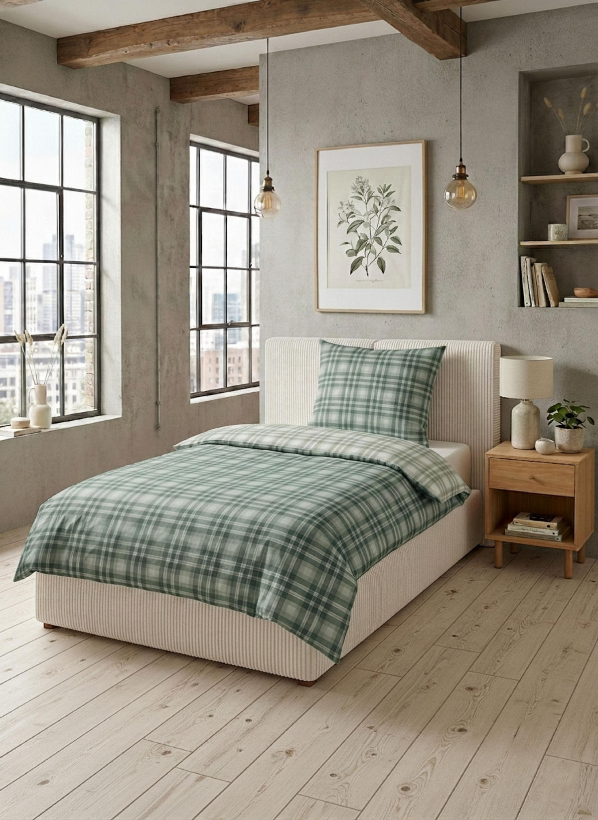 BETTWÄSCHE-GARNITUR Premium Biber Karo Tartan salbei, 135x200 cm + 80x80 cm - Salbeigrün, Textil (135/200cm) - biberna