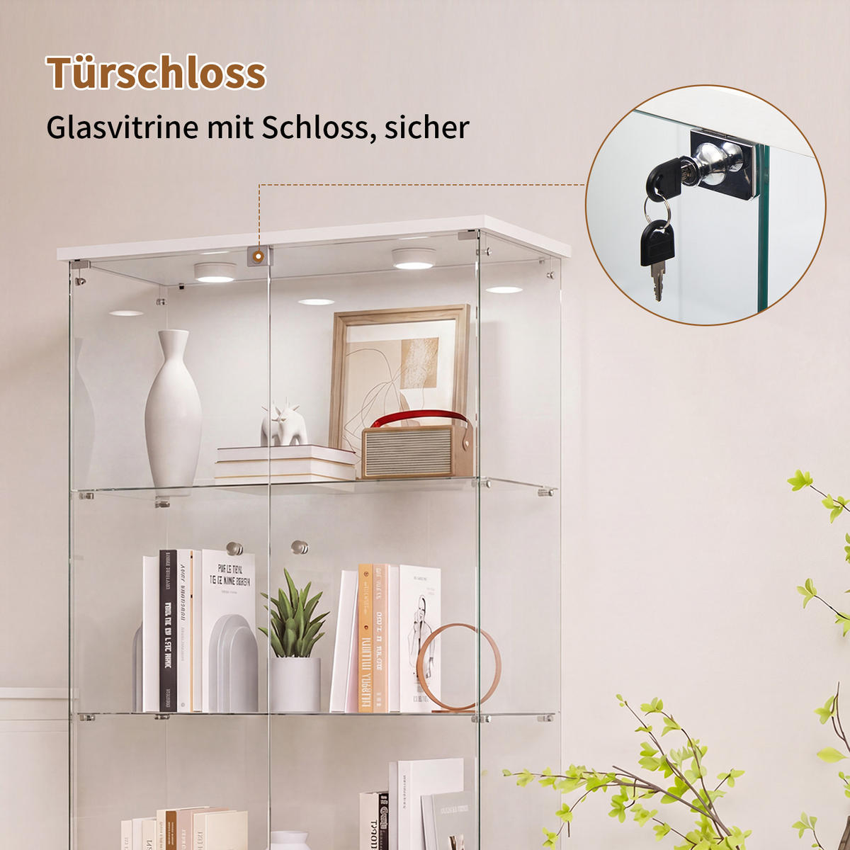 GLASVITRINE LED Weiß mit 2 Tür 4 Etagen mit Schloss,80.49x36.49x163.9cm - Weiß, Glas (36.49/163.9/80.49cm) - BPKADHY