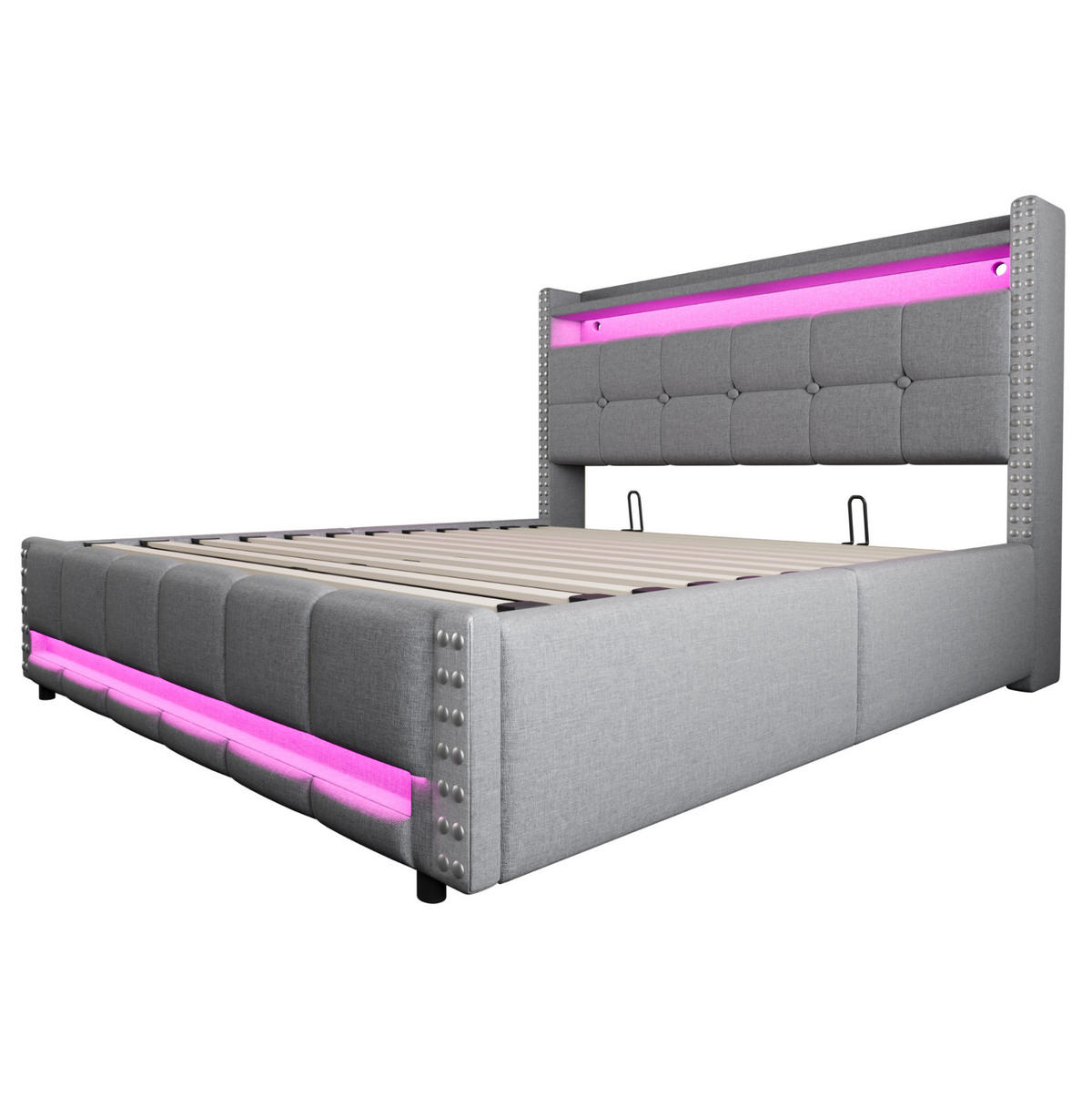 POLSTERBETT mit Stauraum und LED 160x200 cm Leinenstoff Hellgrau - Hellgrau, Metall (160/200cm) - Beauniv