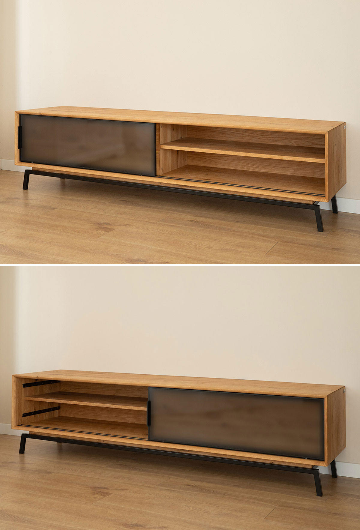 LOWBOARD Modern Loft Eiche Natur 200 / 50 / 52cm - Eichefarben/Schwarz, Holz/Metall (200/52/50cm) - Feldmann-Wohnen