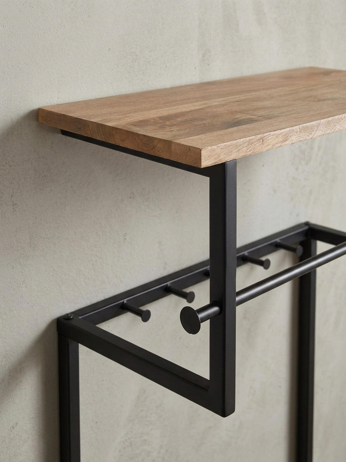 WANDGARDEROBE Massivholz Metall Modern mit 10 Haken, Kleiderstange und Ablage - Schwarz, Holz/Metall (60/76/26cm) - KADIMA DESIGN