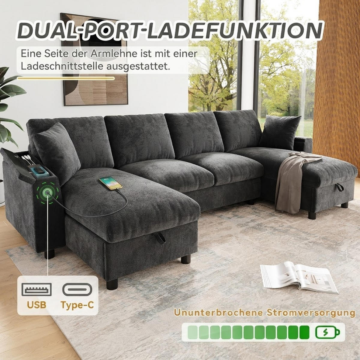 WOHNLANDSCHAFT Chenille Grau mit Stauraum, USB und Type-C - Grau, Holzwerkstoff/Kunststoff (284/84/135cm) - WISHDOR
