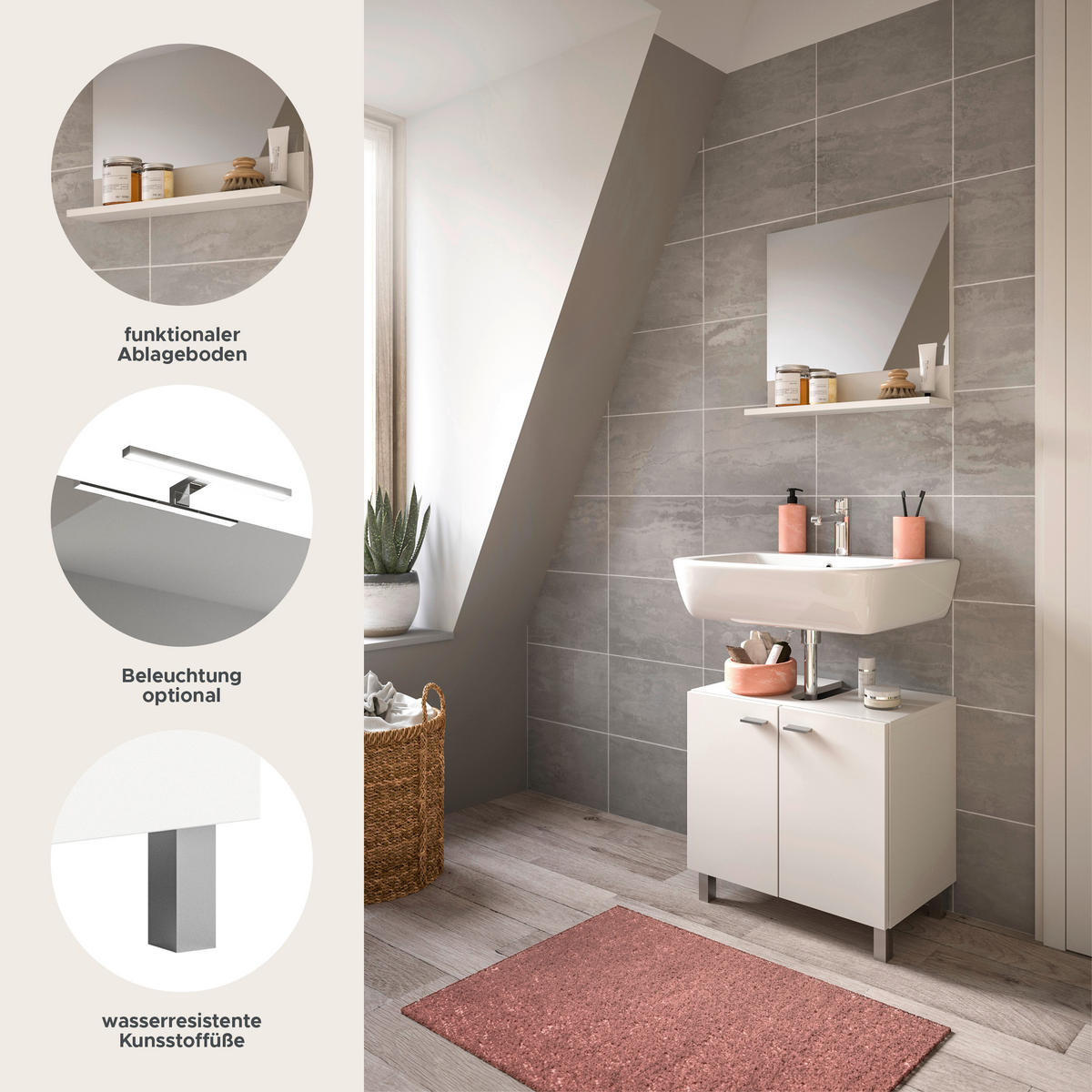 BADKOMBINATION 2tlg. Boston/Tampa Bad in weiß Nachbildung - modernes Design - B/H/T: 57x186x33 cm - Weiß, Holzwerkstoff (57/186/33cm)
