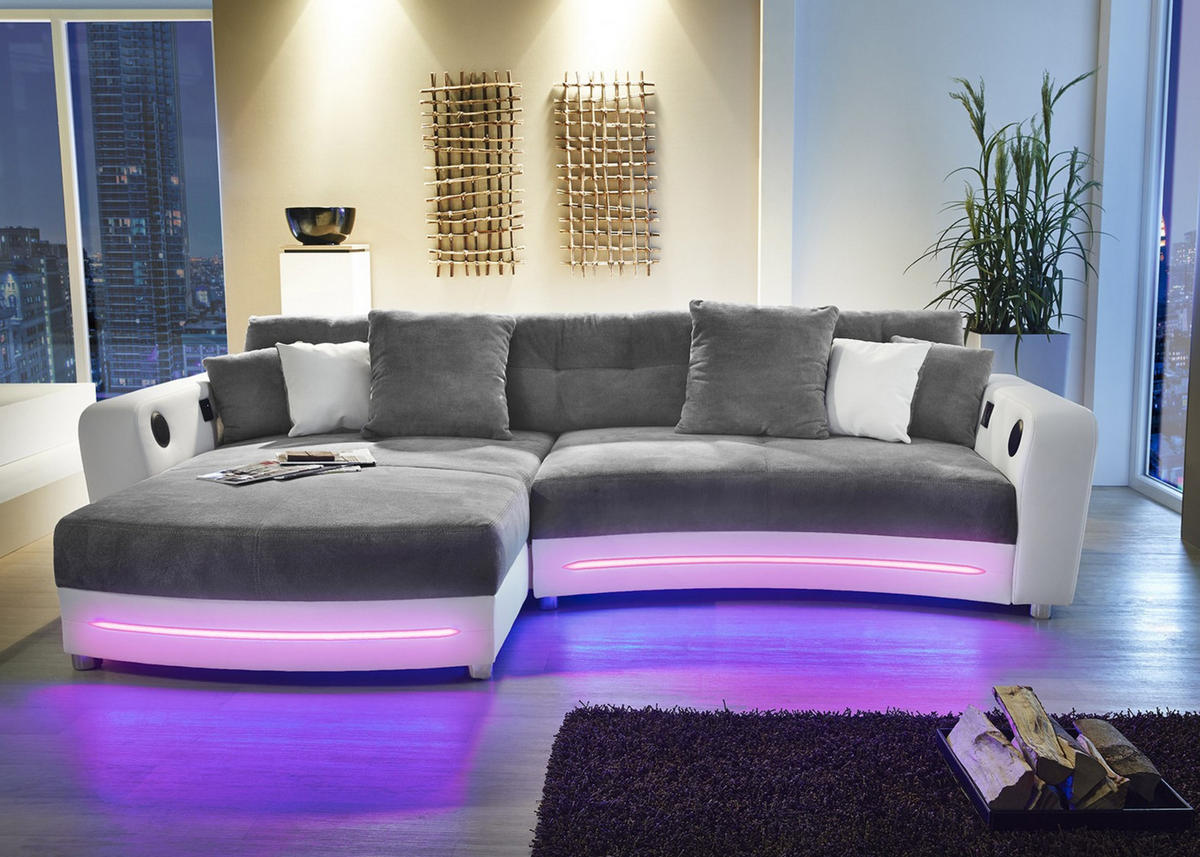 MULTIMEDIA-ECKSOFA Soundsystem RGB-LED Beleuchtung Bluetooth USB AUX-in, seitenverkehrt montierbar B322/T190/H88cm, Kunstleder Weiß-Mikrof.Grau/15410 - Chromfarben/Weiß, Textil/Metall (322/88/190cm) - luma-home