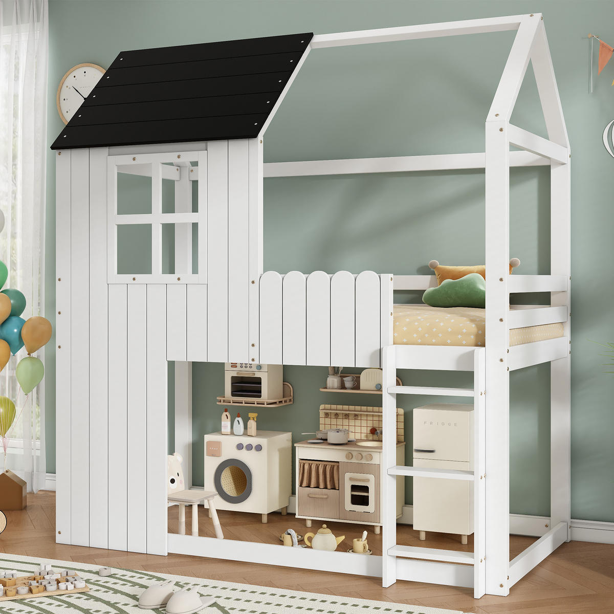 HOCHBETT Hausbett-Design 90x200 cm Holz Weiß/Schwarz - Weiß, Holz (90/200cm) - Meubliv