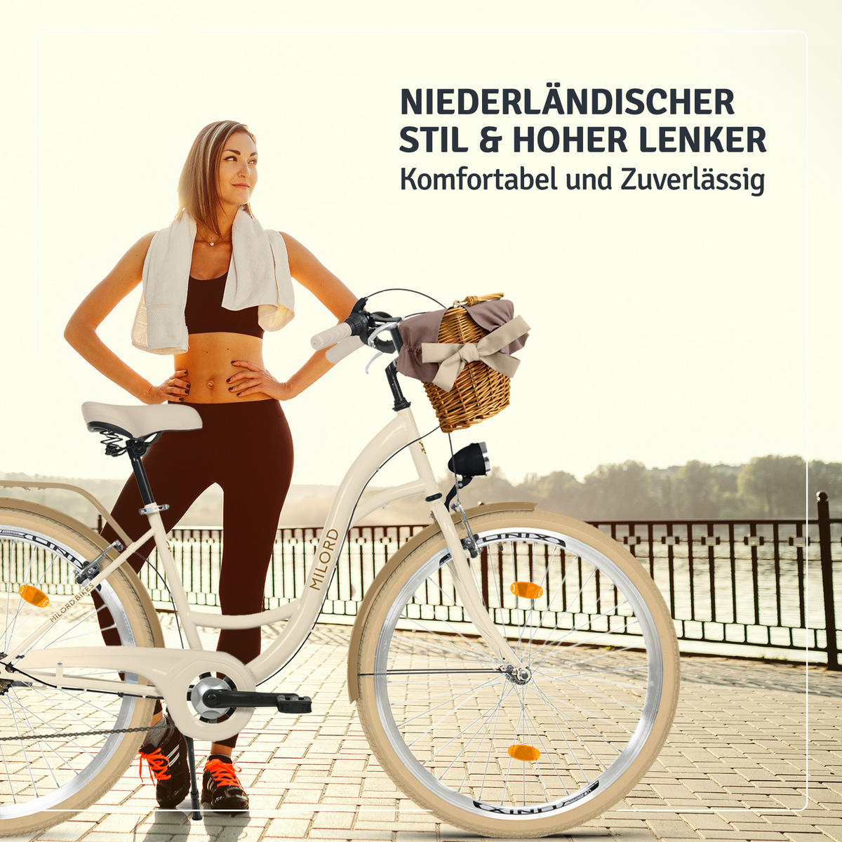 CITY-FAHRRAD Milord mit Weidenkorb, 28 Zoll, Creme-Braun, 7-Gang - Creme/Braun, Metall (46cm) - Milordbikes