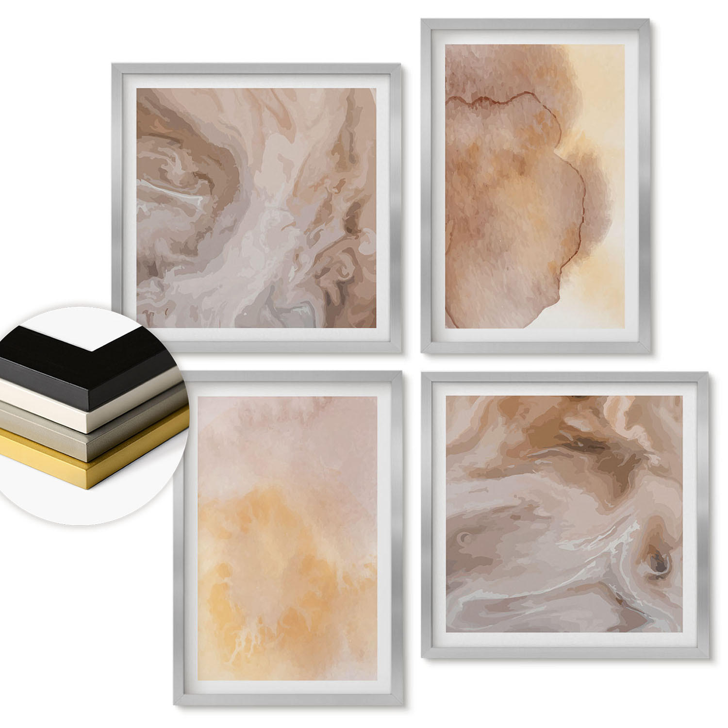 WANDBILDER 4er Set - 50x50 cm & 40x60 cm Silberner Rahmen - Warme Aquarellfarben auf Leinwand - Silberfarben, Kunststoff (50/50cm) - ArtPrintCave