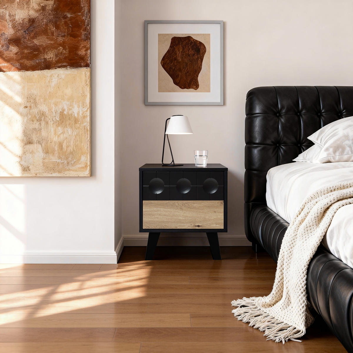 NACHTTISCH mit 2 Schubladen, Natur und Schwarz | 40T x 45B x 48H cm - Schwarz, Holz (45/48/40cm) - Hometopia