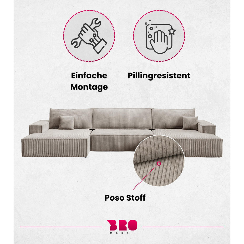 Thumbnail - Bromarkt Wohnlandschaft, Beige, Textil, 5-Sitzer, Ottomane links, U-Form, 397x85x148 cm, Wohnzimmer, Sofas & Couches, Wo...