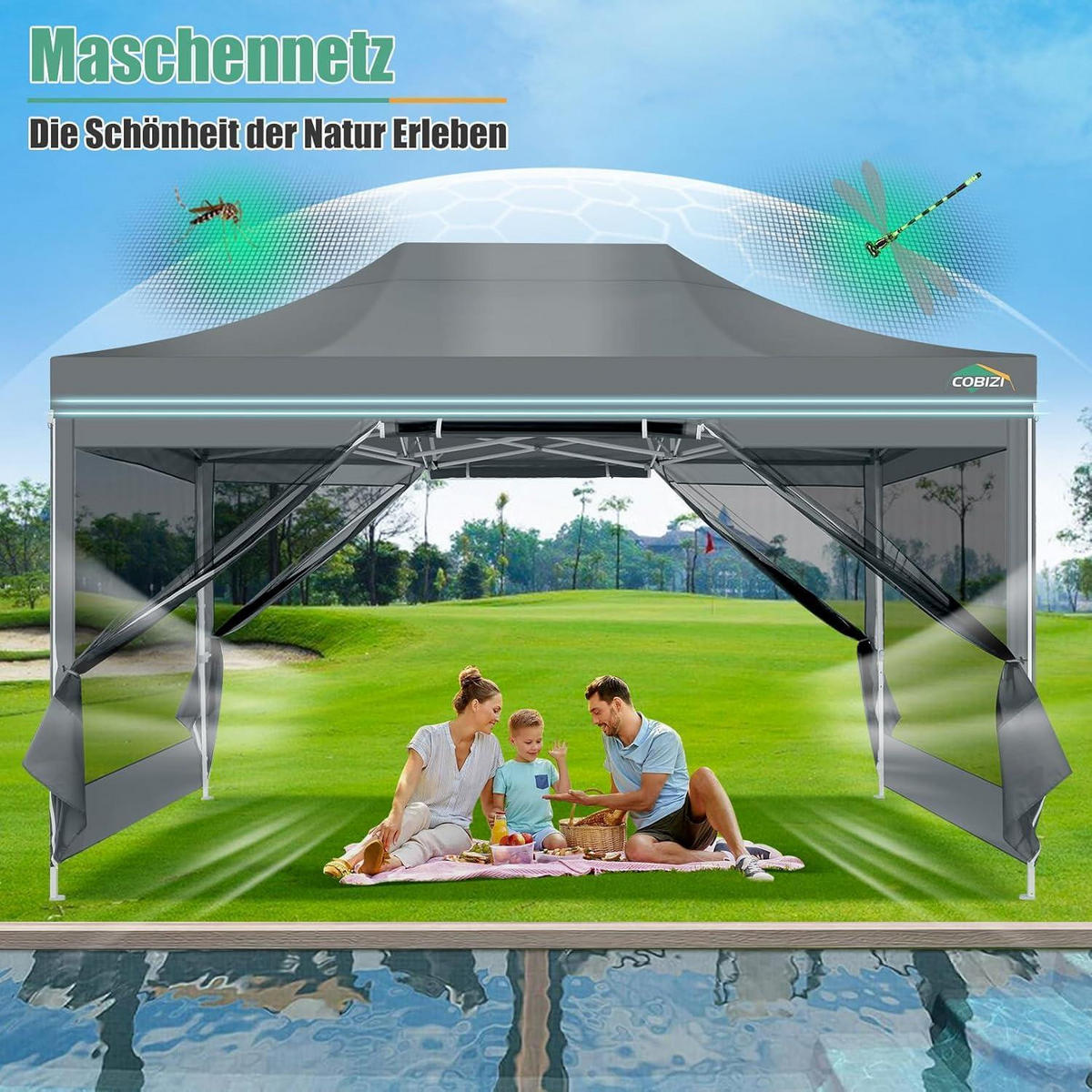 FALTPAVILLON 3x4,5 m mit Moskitonetz und UV-Schutz 50+ Grau - Grau, Textil (300/238/450cm)
