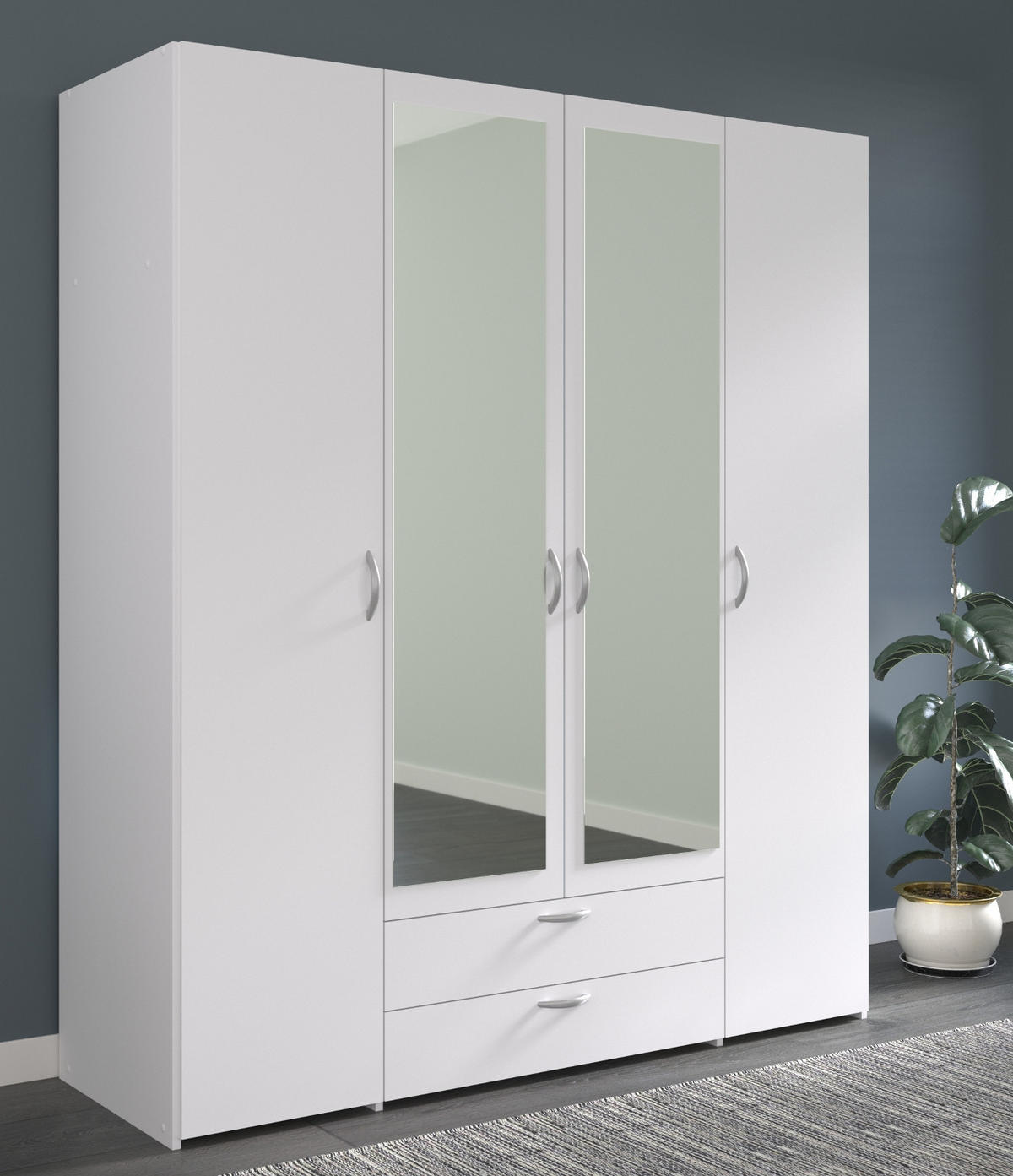 KLEIDERSCHRANK mit Spiegel weiß 160 cm Drehtürenschrank 4-türig - Silberfarben/Weiß, Holzwerkstoff/Kunststoff (160/185/185cm) - Furn.Design