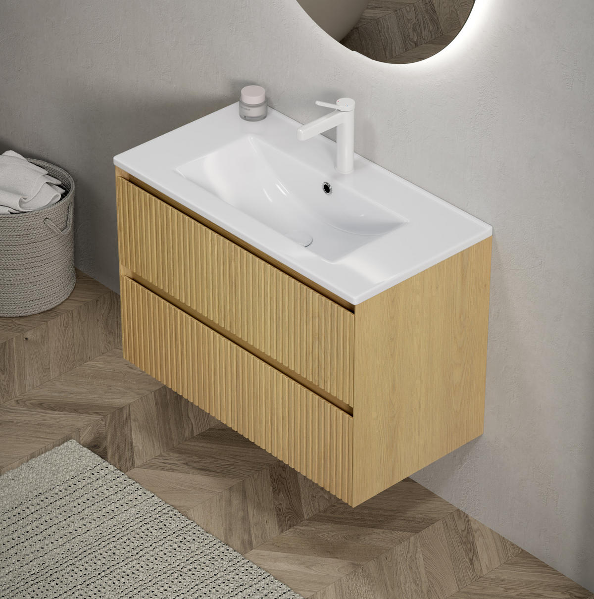 WASCHTISCHKOMBI 75 cm mit 2 Schubladen in Goldeneiche und Weiß - Eichefarben, Keramik (75/51.5/39cm) - BEAOK