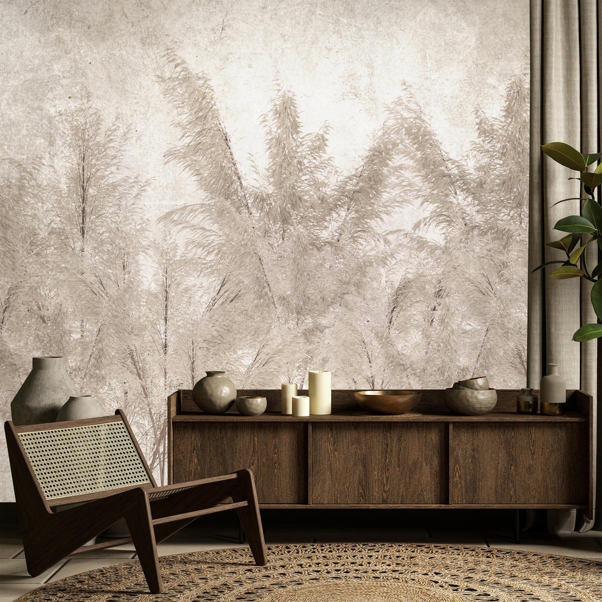 FOTOTAPETA Pre Spálňu Tráva Pampasová Vintage Béžová Boho 150 x 105 cm - hnedá/béžová, papier (150/105cm) - Muralo