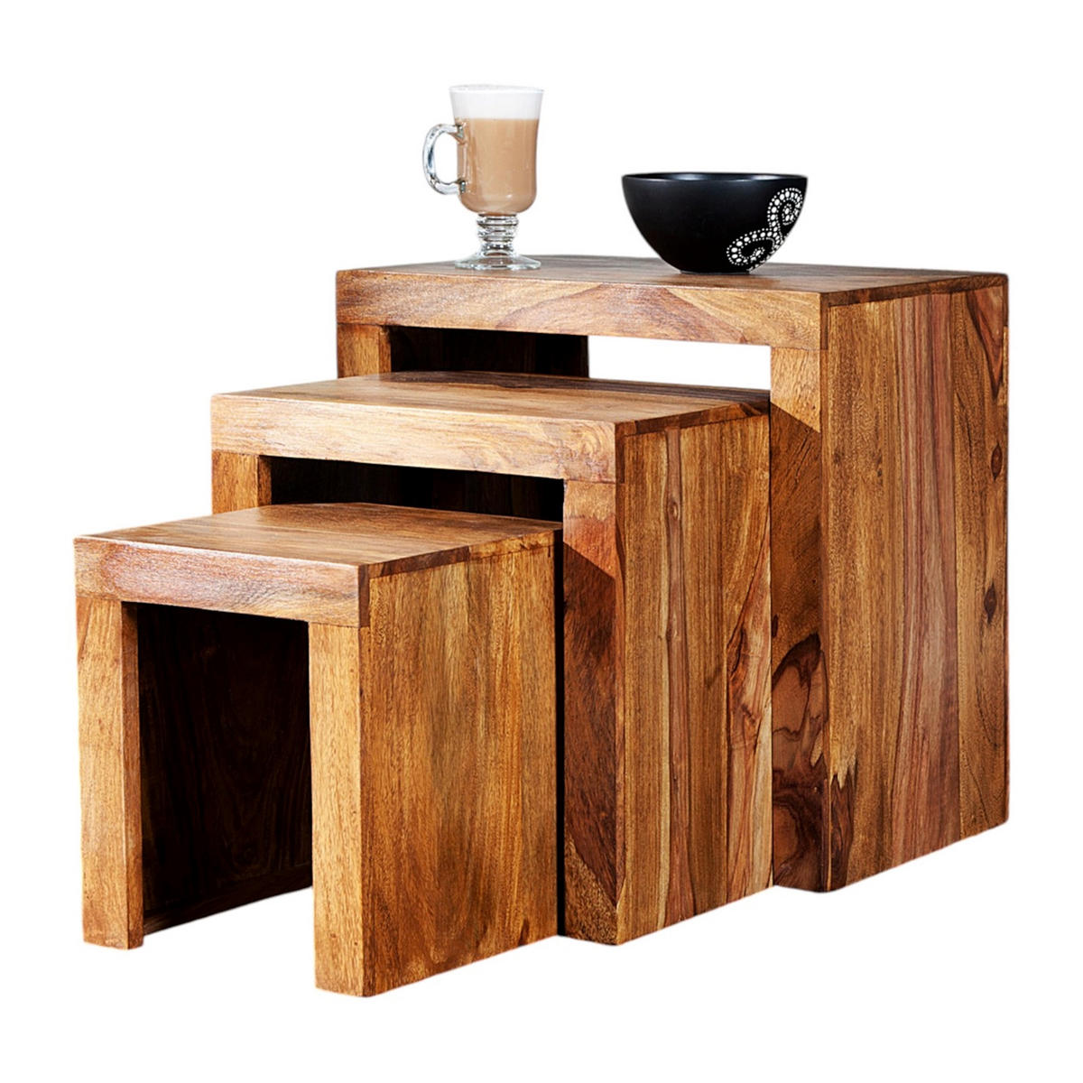 BEISTELLTISCH SHEESHAM 3er Set Massivholz braun - Naturfarben, Holz (45/45/30cm) - DESIGN DELIGHTS