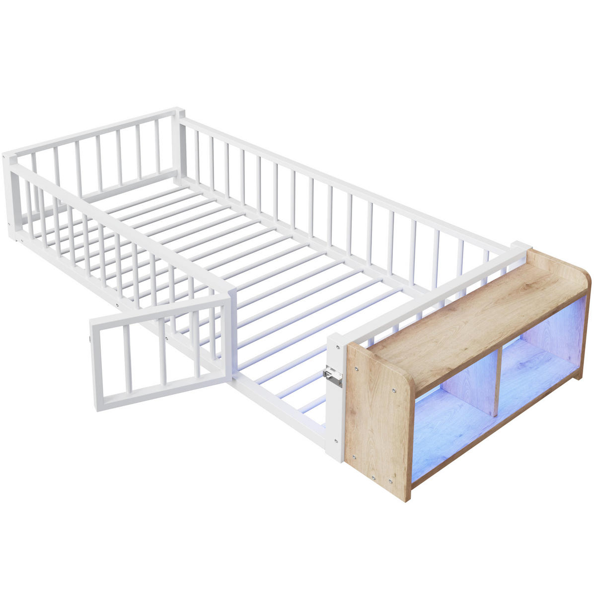KINDERBETT 90/200 cm mit Schutzgeländer, offenem Staufach und LED-Beleuchtung, Metall/MDF, Weiß - Weiß, Holzwerkstoff (90/200cm) - Redom