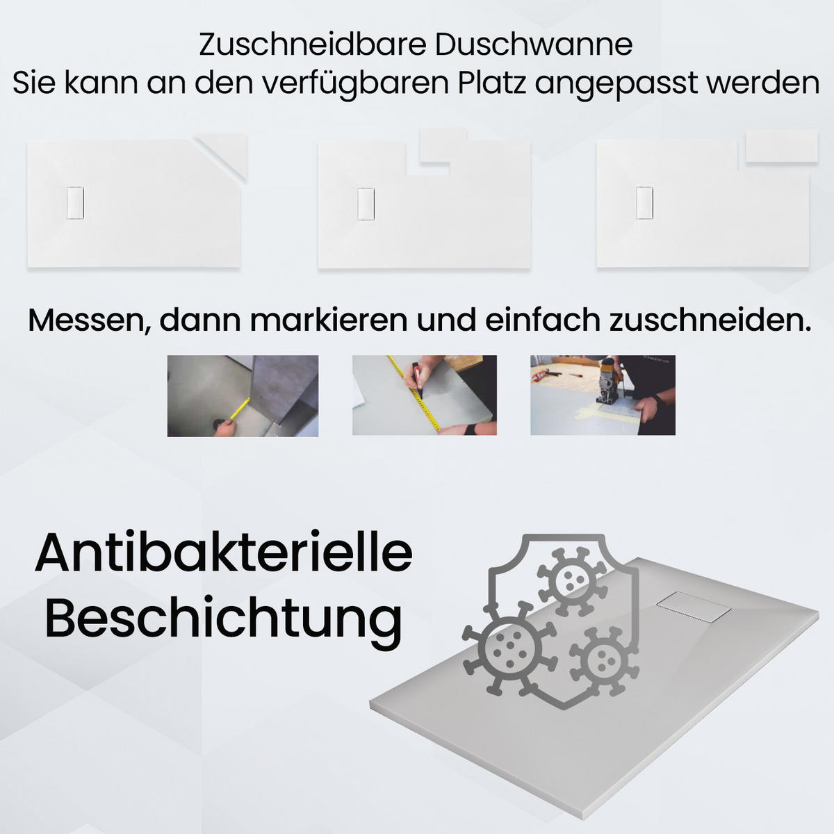 DUSCHWANNE vidar halbrund Steinoptik, 2-tlg. Set mit Ablaufgarnitur, 80/80/3,2 cm - Weiß, Kunststoff (80/3.2/80cm) - bad land