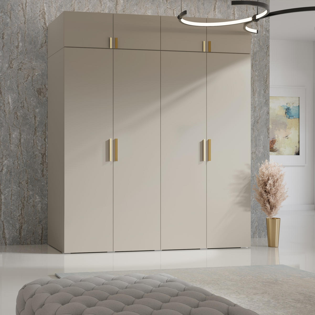 DREHTÜRENSCHRANK mit Aufsatz Napoli 4D 200 Kaschmir (schwarzer oder goldener Griff) - Kaschmir/Silberfarben, Holzwerkstoff/Kunststoff (200/35/60cm) - mzm24