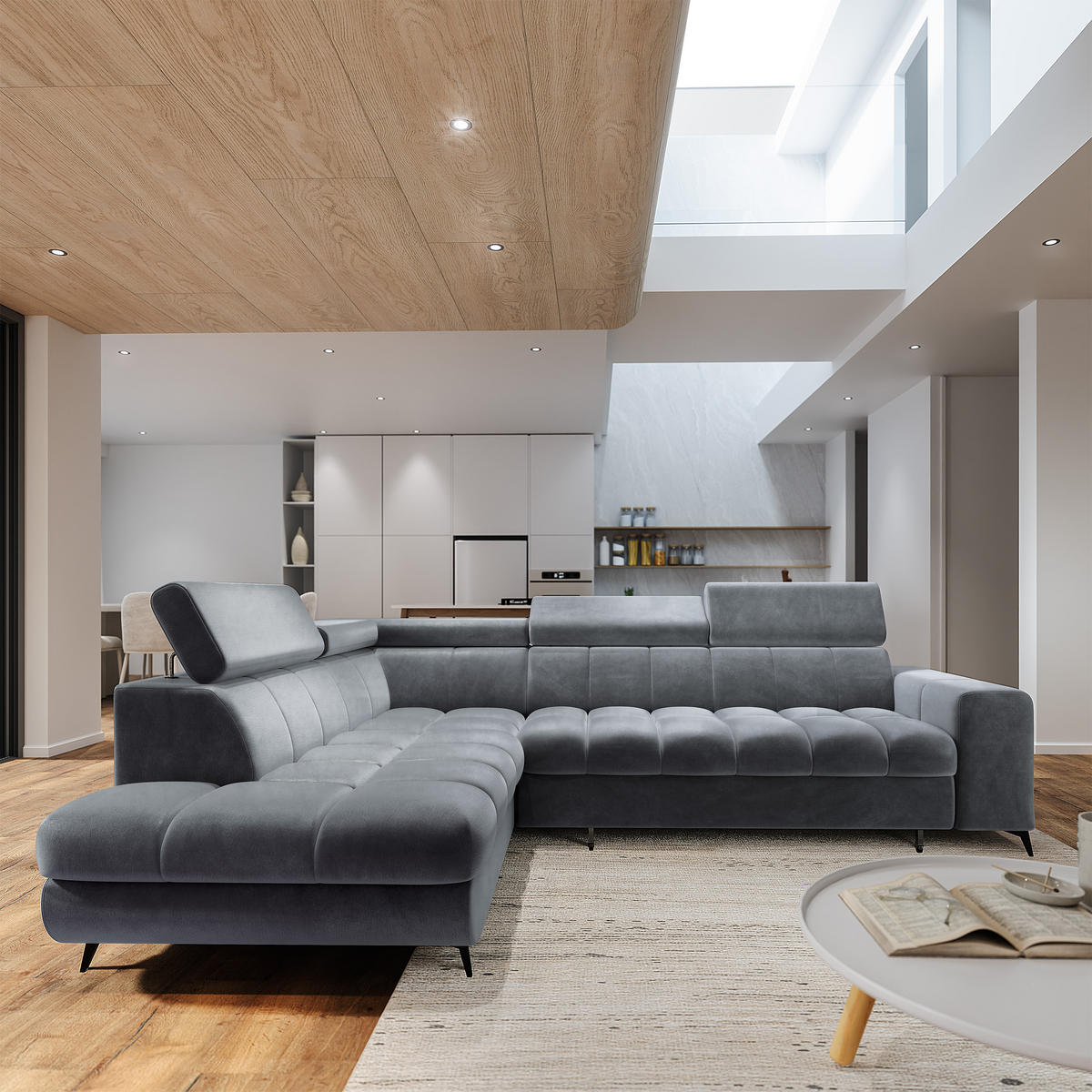 ECKSOFA MORIVA L-S Grau Velours-Stoff mit Schlaffunktion - Grau, Holz (253/190cm) - MASSENO