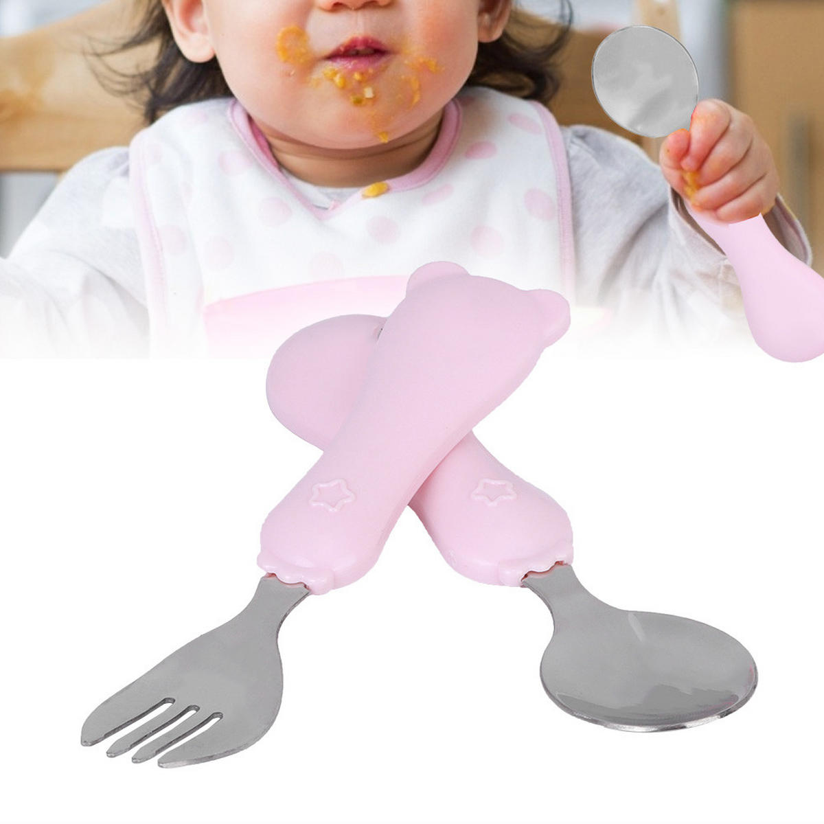 BESTECK-SET 2-teiliges Baby-Besteck–Löffel und Gabel - Rosa, Metall