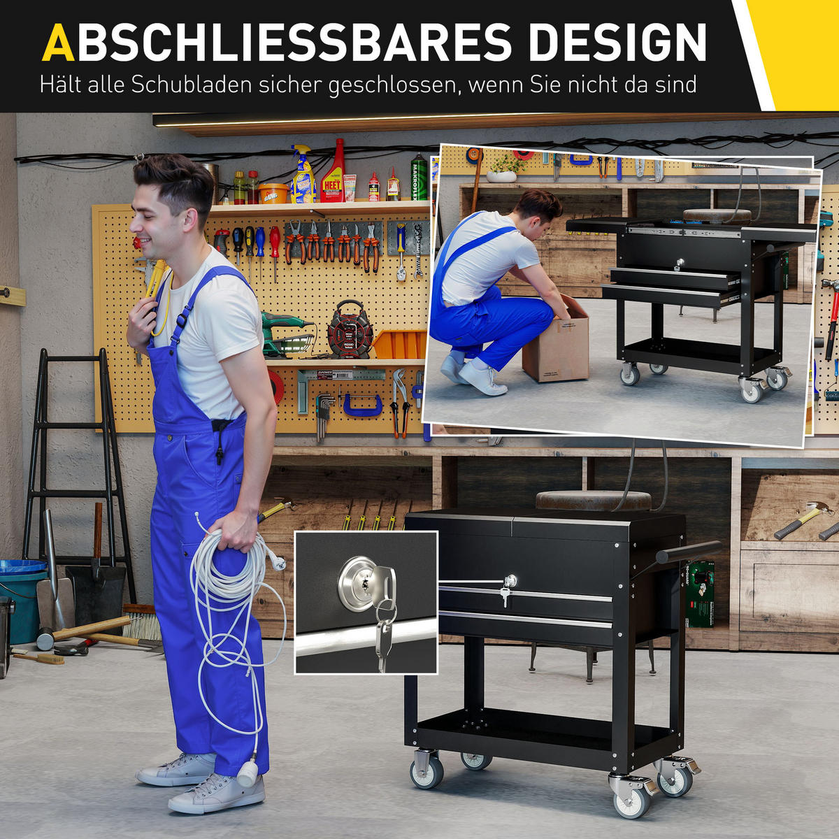 WERKSTATTWAGEN abschließbar mit 2 Schubladen, Schiebedeckel, Ablage Schwarz - Schwarz, Metall (38/80/130cm) - HOMCOM