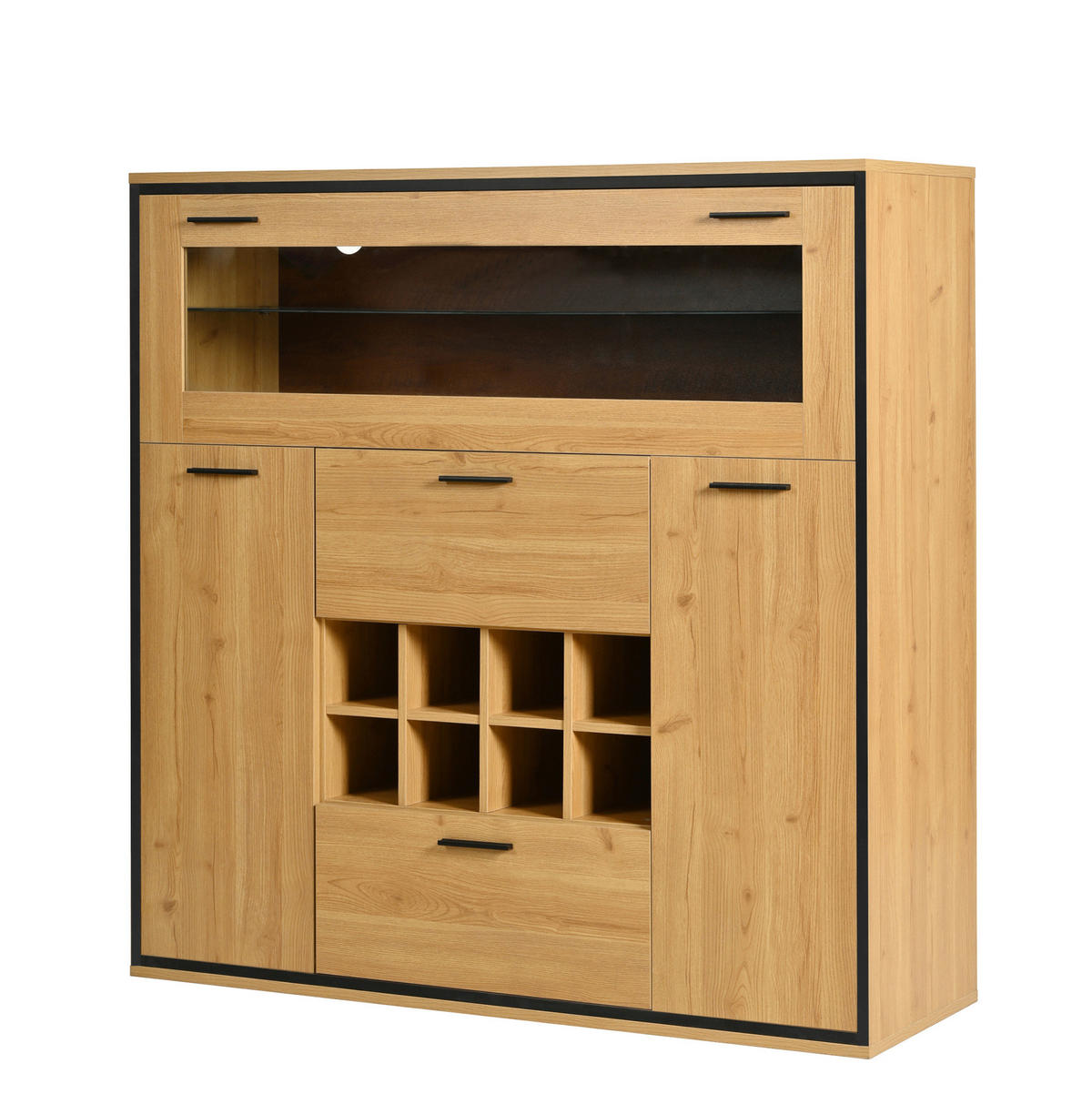 SIDEBOARD 110/38/111 cm in Natur/Schwarz mit Weinregalen und LED-Beleuchtung - Naturfarben, Holzwerkstoff (110/111/38cm) - Flora Grace