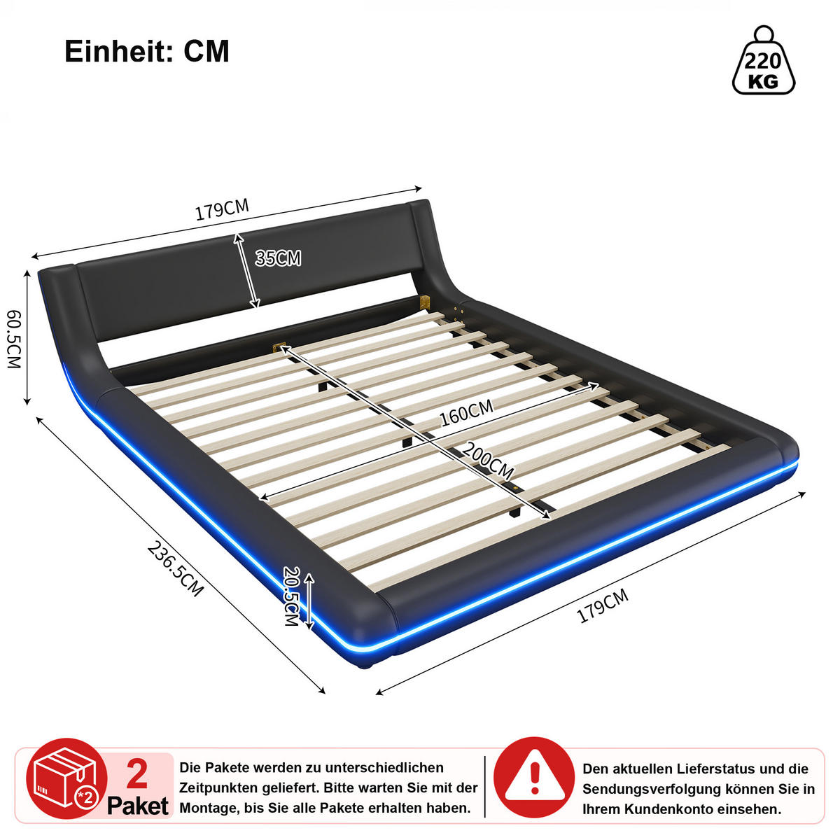 KREVET 160/200 cm u crnoj boji s LED rasvjetom - crna, drvni materijal/tekstil (160/200cm) - WISHDOR