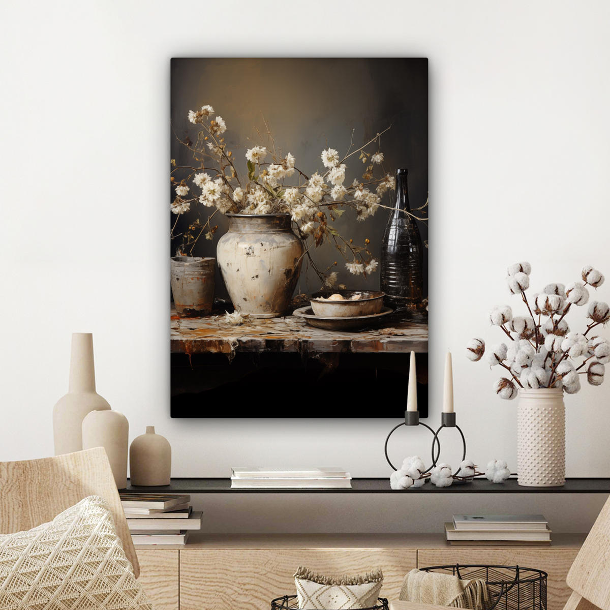 LEINWANDBILD Stilleben - Blumen - Blumenstrauß - Vase - Wein Wandbild Wohnzimmer 60x80 cm - Schwarz, Textil (60/80cm) - MuchoWow