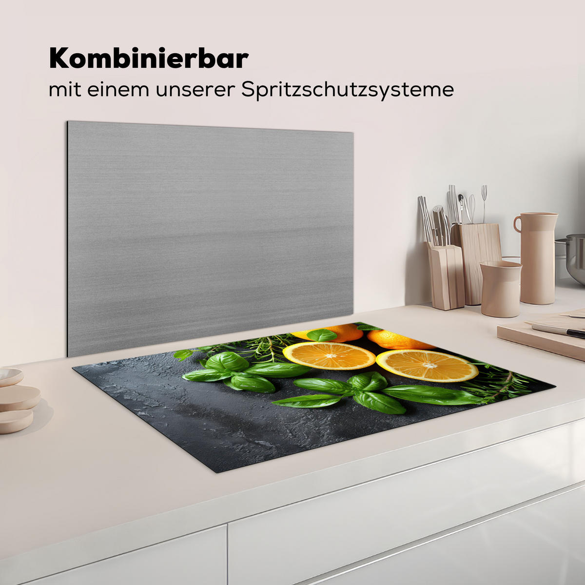 HERDABDECKPLATTE Obst - Grau - Konkret - Orange - Pflanzen Induktionsmatte 77x51 cm - Anthrazit, Kunststoff (77/51/0.2cm) - MuchoWow