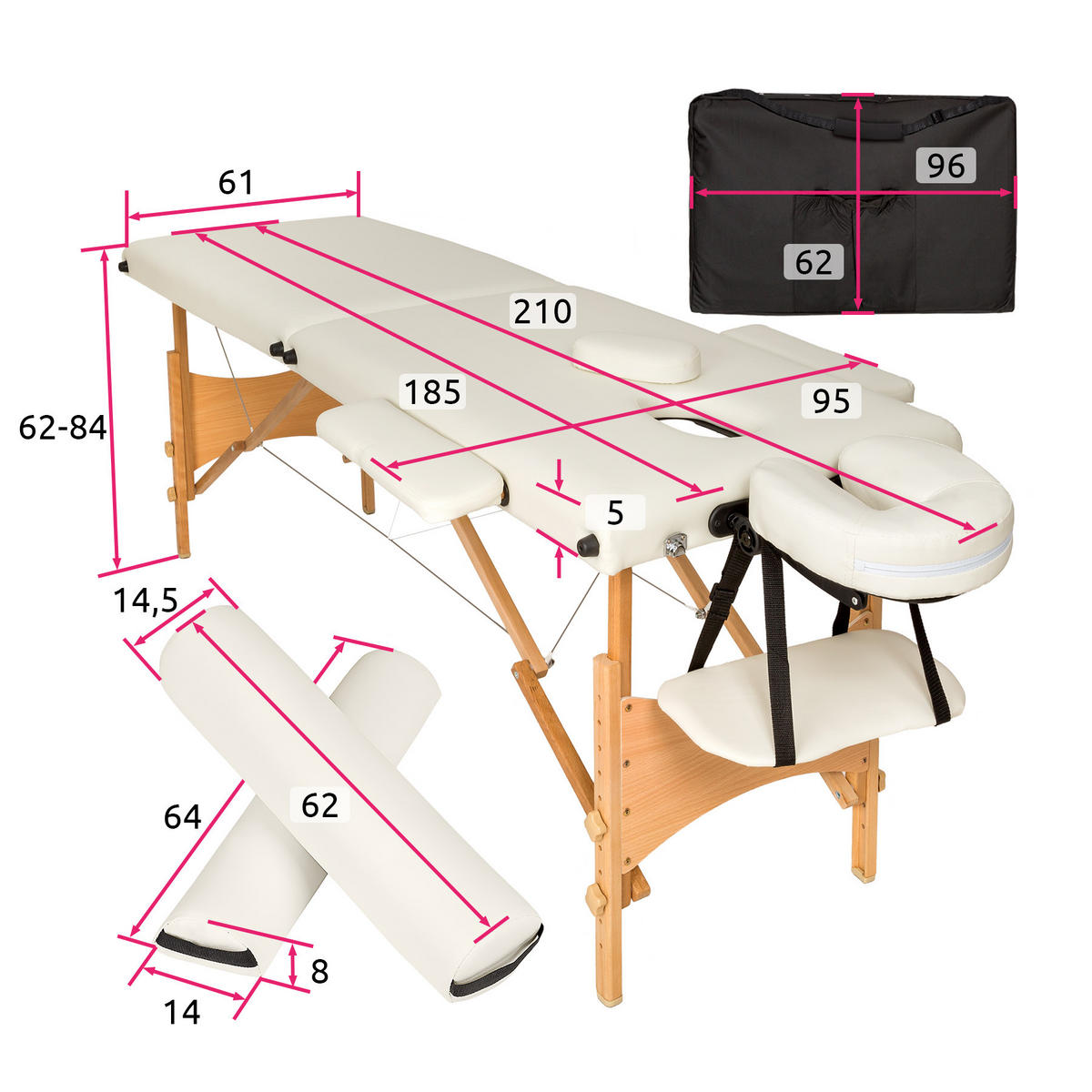 MASSAGELIEGE 2 Zonen Freddi,210 x 95 x 84 cm,beige - Beige, Holz (95/84/210cm) - tectake