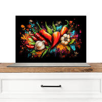 SPRITZSCHUTZ KÜCHE Gemüse - Paprika - Knoblauch - Graffiti - Farbe - Bunt 60x40 cm - Rot, Metall (60/0.3/40cm) - MuchoWow