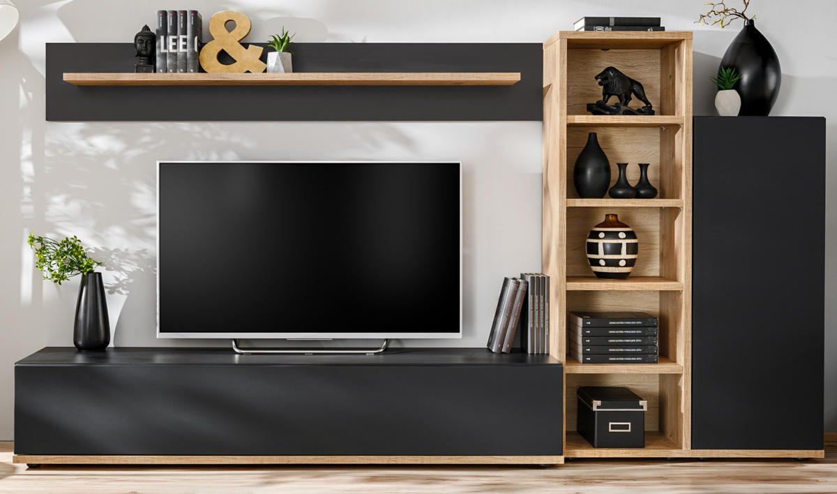 WOHNWAND schwarz, Ribbeck Eiche 240 cm, Schrankwand mit Push-to-Open - Eichefarben/Schwarz, Holzwerkstoff/Kunststoff (240/129/40cm) - Furn.Design