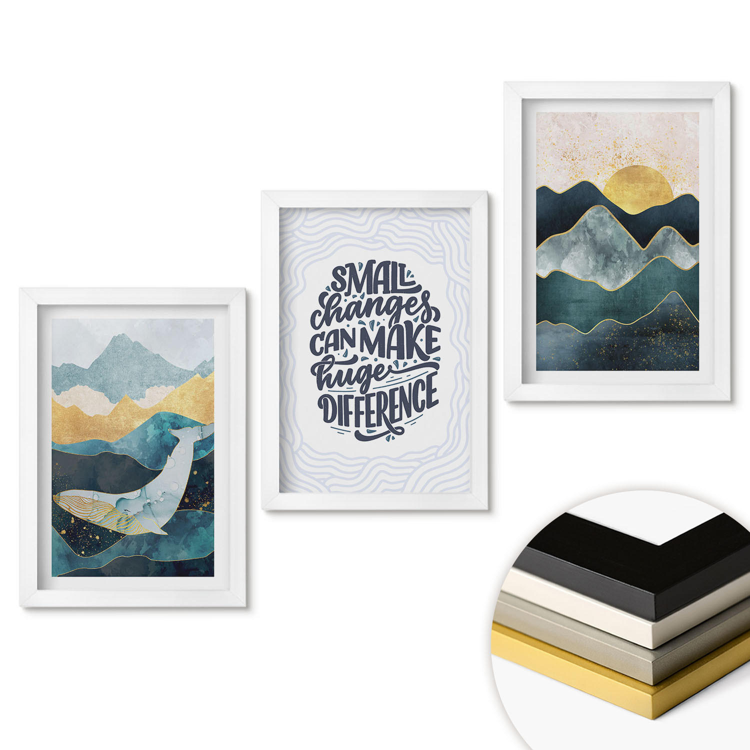 WANDBILDER 3er-Set - 20x30 cm Weißer Rahmen - Abstrakte Berginspiration - Weiß, Kunststoff (20/30cm) - ArtPrintCave