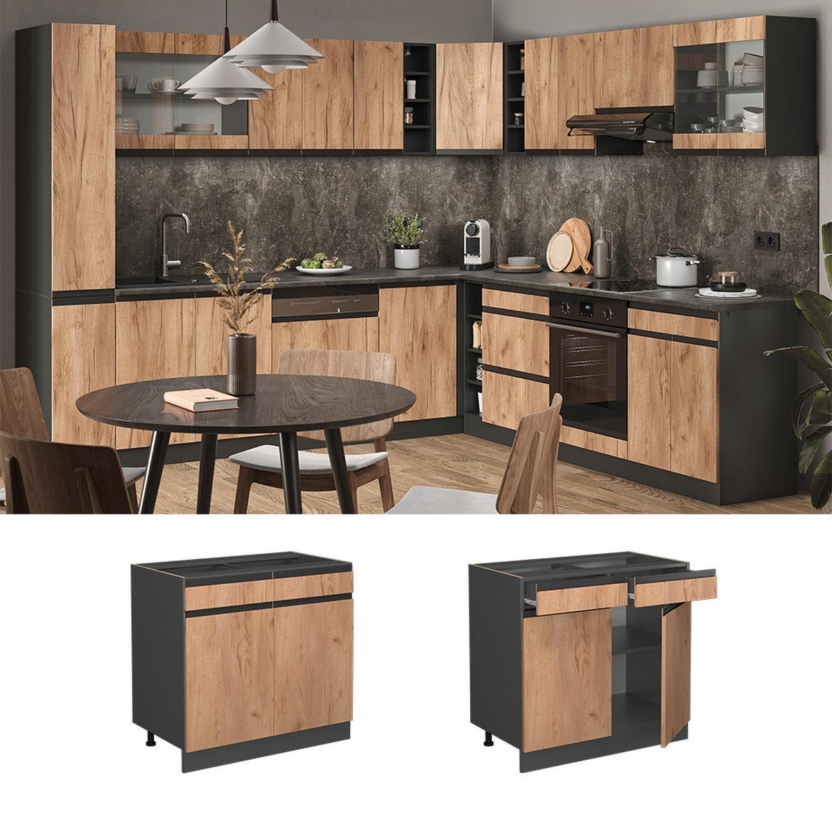 KÜCHENUNTERSCHRANK R-Line Goldkraft Eiche 80 cm J-Shape AP Marmor - Honigeiche/Anthrazit, Holzwerkstoff (80/81.6/60cm) - Vicco
