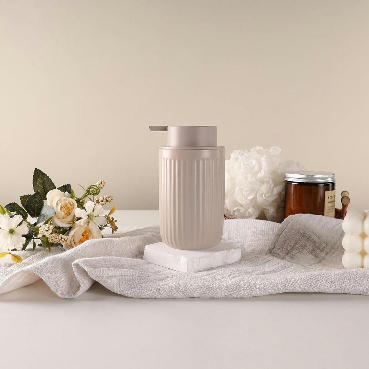 SEIFENSPENDER Keramik 350ml Streifen Khaki - Olivgrün, Keramik (8/14/8cm)