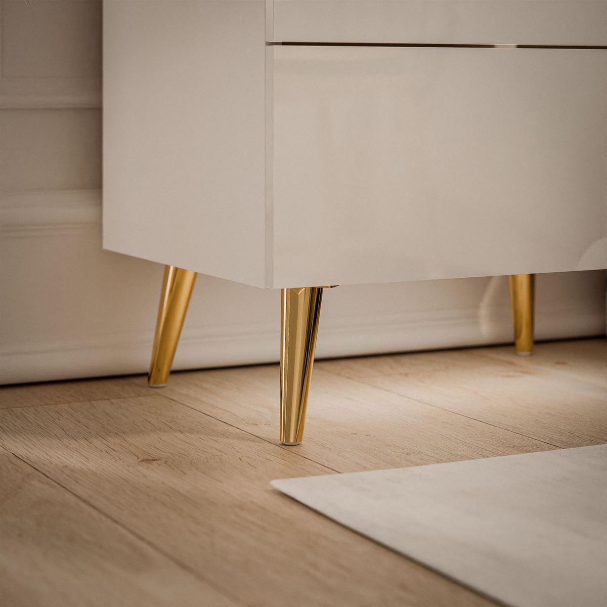 NACHTTISCH AURORA II auf schräge Gold Chrom Beine Weiß / Weiß hochglanz - Weiß Hochglanz/Goldfarben, Holzwerkstoff/Metall (50/53/37cm) - Lookway