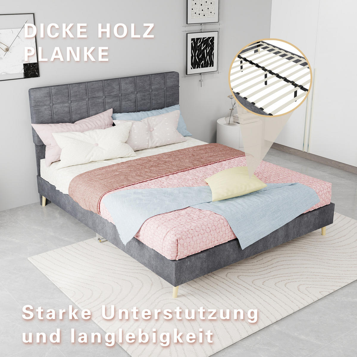 POLSTERBETT 140/200 cm DE-32943 mit Karosteppung-Kopfteil Grau - Grau, Metall (140/200cm) - ComfortXL