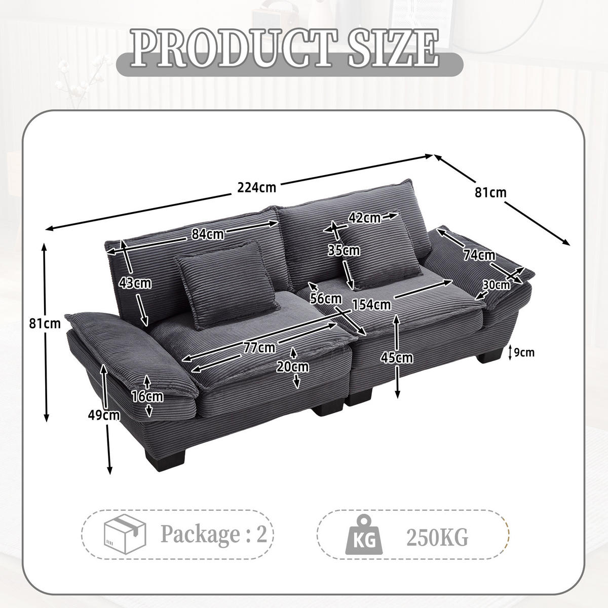 2-SITZER-SOFA aus Samt 224x81x81 cm Dunkelgrau mit tiefem Sitz, 2 Kissen und gepolsterten Armlehnen - Dunkelgrau, Textil (81/81/224cm) - Modfu