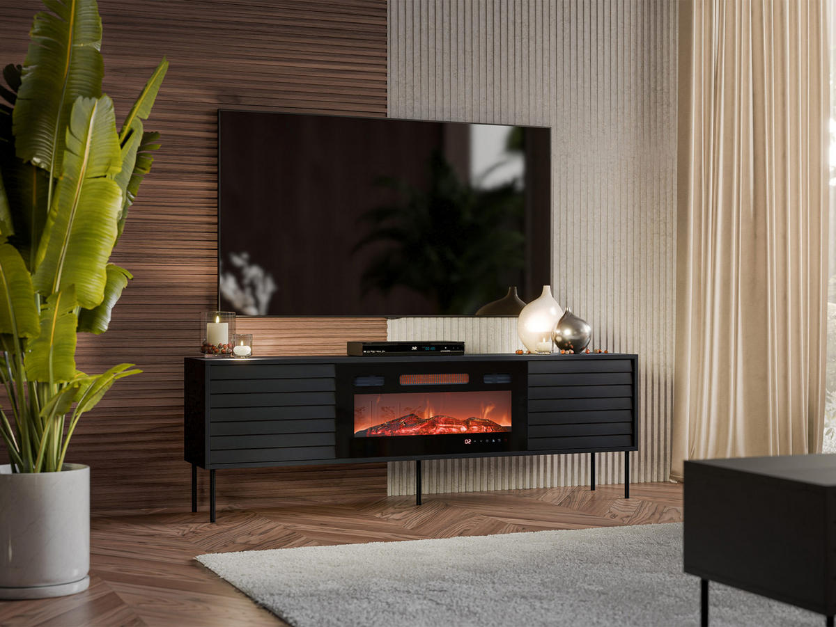 TV-LOWBOARD Cortina 180 mit Elektrische Kamin - Schwarz, Holzwerkstoff/Metall (180/60/40cm) - MIRJAN24