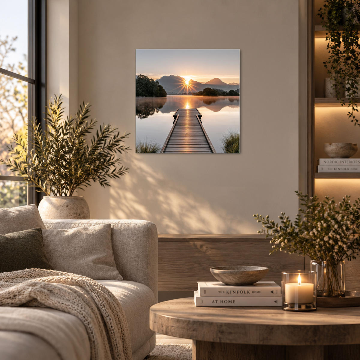 GLASBILD 50x50 cm Bergsee Steg beige braun - Beige, Glas (50/50cm) - artissimo