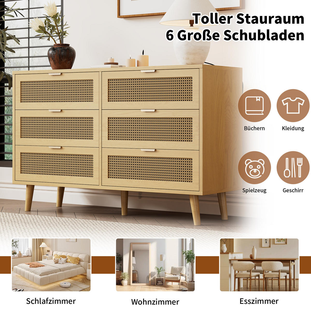KOMMODEN-SIDEBOARD 120/40/76,5 cm mit 6 Schubladen in Walnussoptik - Eichefarben, Holzwerkstoff (120/76.5/40cm) - BEAOK
