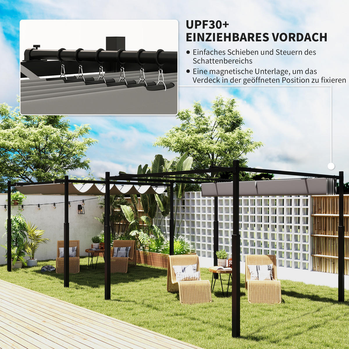 PERGOLA ca. 3x3 m Freistehend Terrassenüberdachung mit Schiebedach, magnetisch - Grau, Textil/Metall (298/230/298cm) - Outsunny