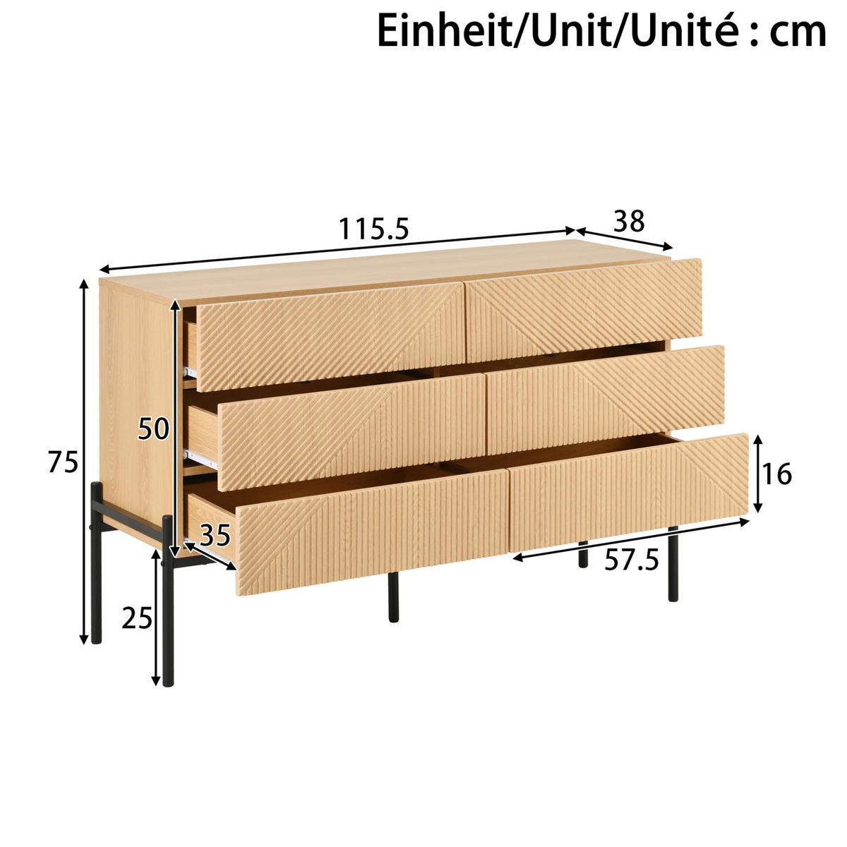 SIDEBOARD 115,5/38/75 cm mit 6 Schubladen in Natur mit 3D-Struktur - Naturfarben, Holzwerkstoff (115.5/75/38cm) - BEAOK