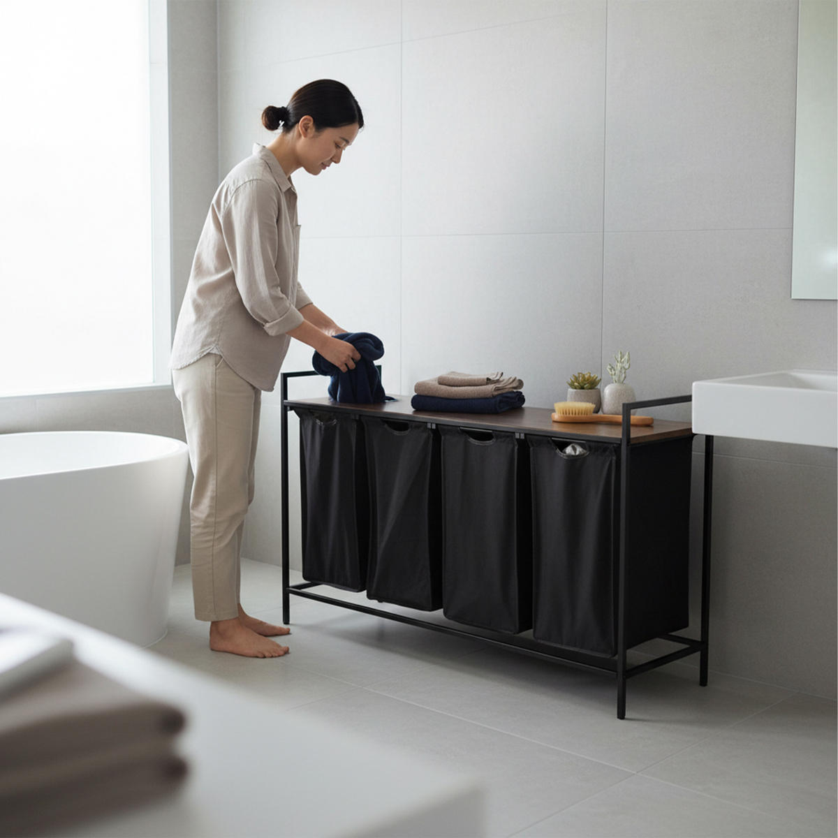 WÄSCHESAMMLER - Schwarz, Holzwerkstoff/Textil (116/72/33cm) - Relaxdays