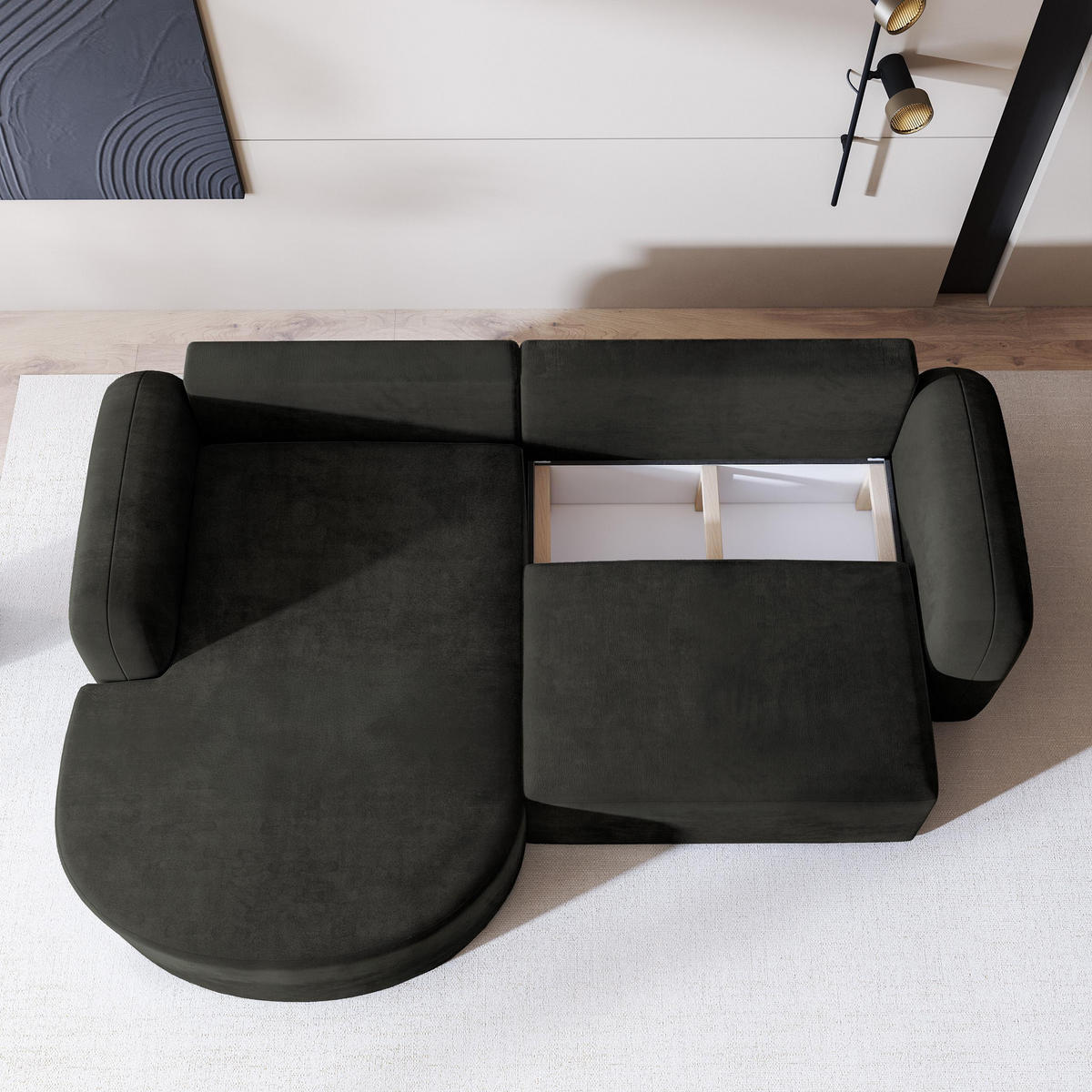 ECKSOFA AMILIA M L-S Schwarz Velours-Stoff mit Schlaffunktion - Schwarz, Holz (263/174cm) - MASSENO