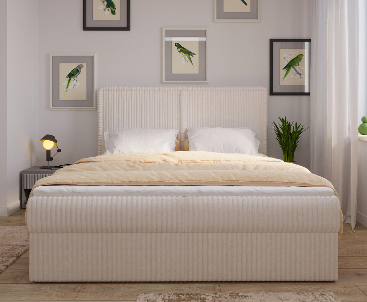 BOXBETT 04 180 x 200 cm - Ambience – Modernes Polsterbett mit Bettkasten, Topper und gepolstertem Kopfteil, Stoffbezug, Stauraumbett - Creme, Holz (180/200cm) - ROYAL24_MARKT