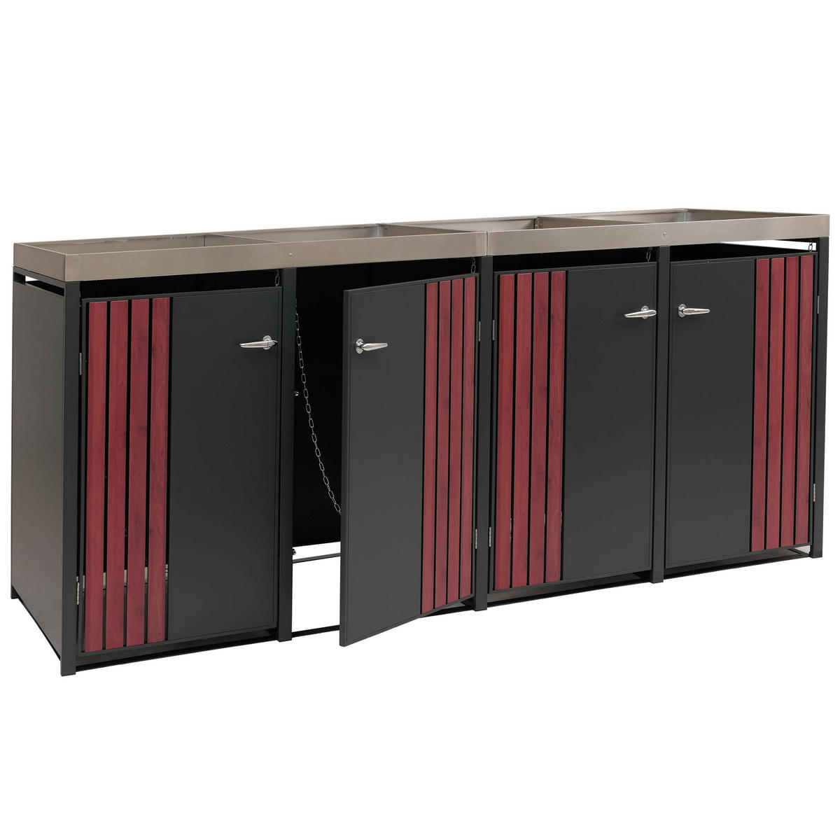 MÜLLTONNENBOX 4er mit Pflanzkasten HxBxT 125x260x84cm Anthrazit Holzoptik dunkel - Anthrazit, Metall (260/125/84cm) - PROREGAL