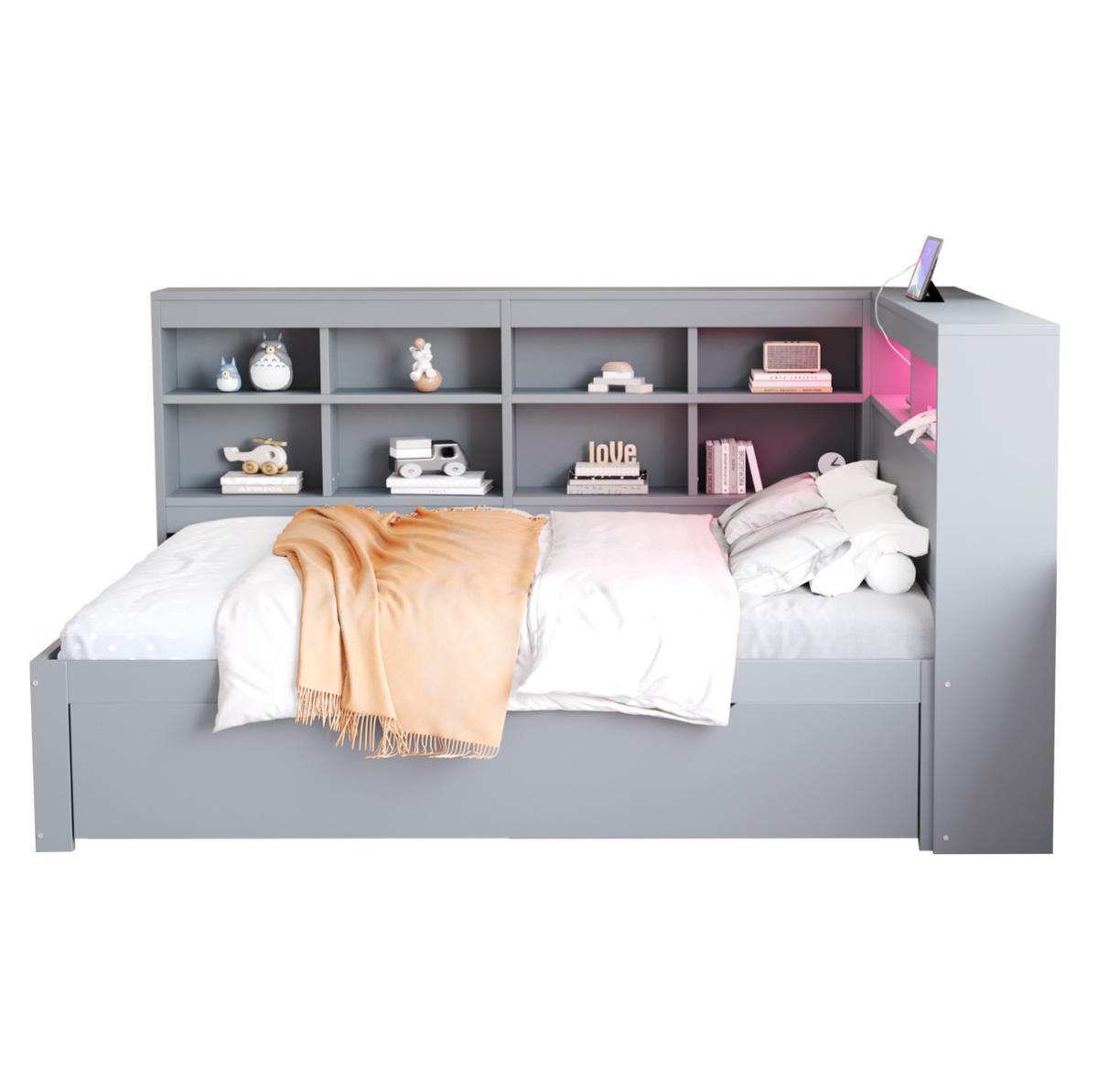 DRVENI krevet 140/200 cm s USB priključkom, LED osvjetljenjem i velikim spremištem, Siva - siva, drvni materijal (140/200cm) - Redom