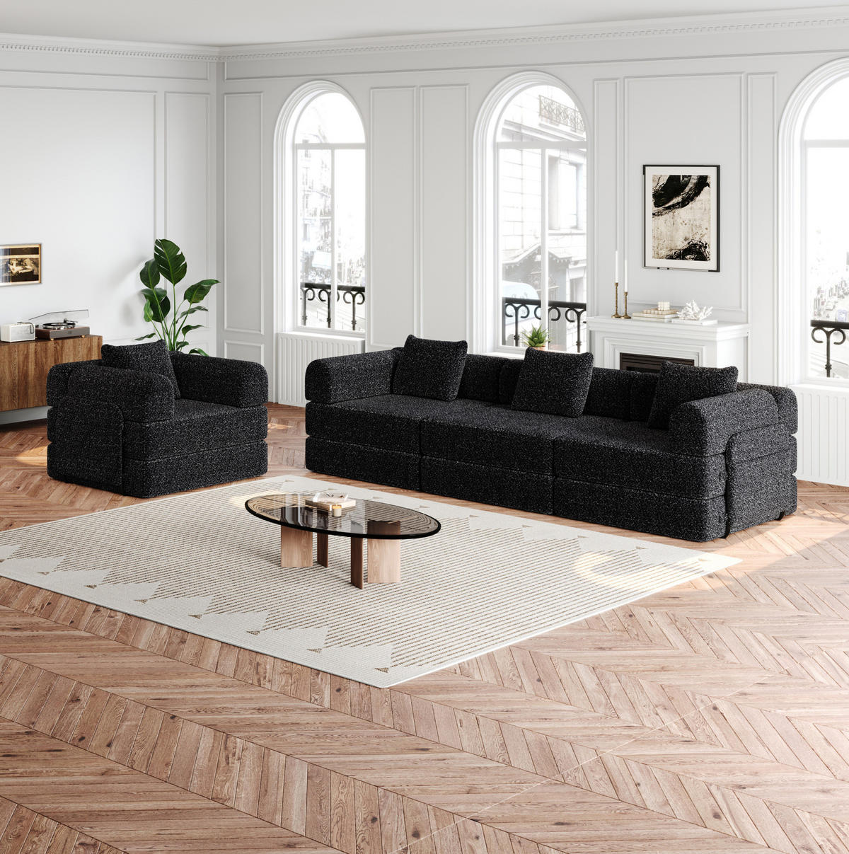 SCHLAFSOFA 2-in-1 aus Chenille mit Armlehnen-Staufach, 91,4/183,8/69,8 cm, Schwarz - Schwarz, Textil (91.4/69.8/183.8cm) - Redom